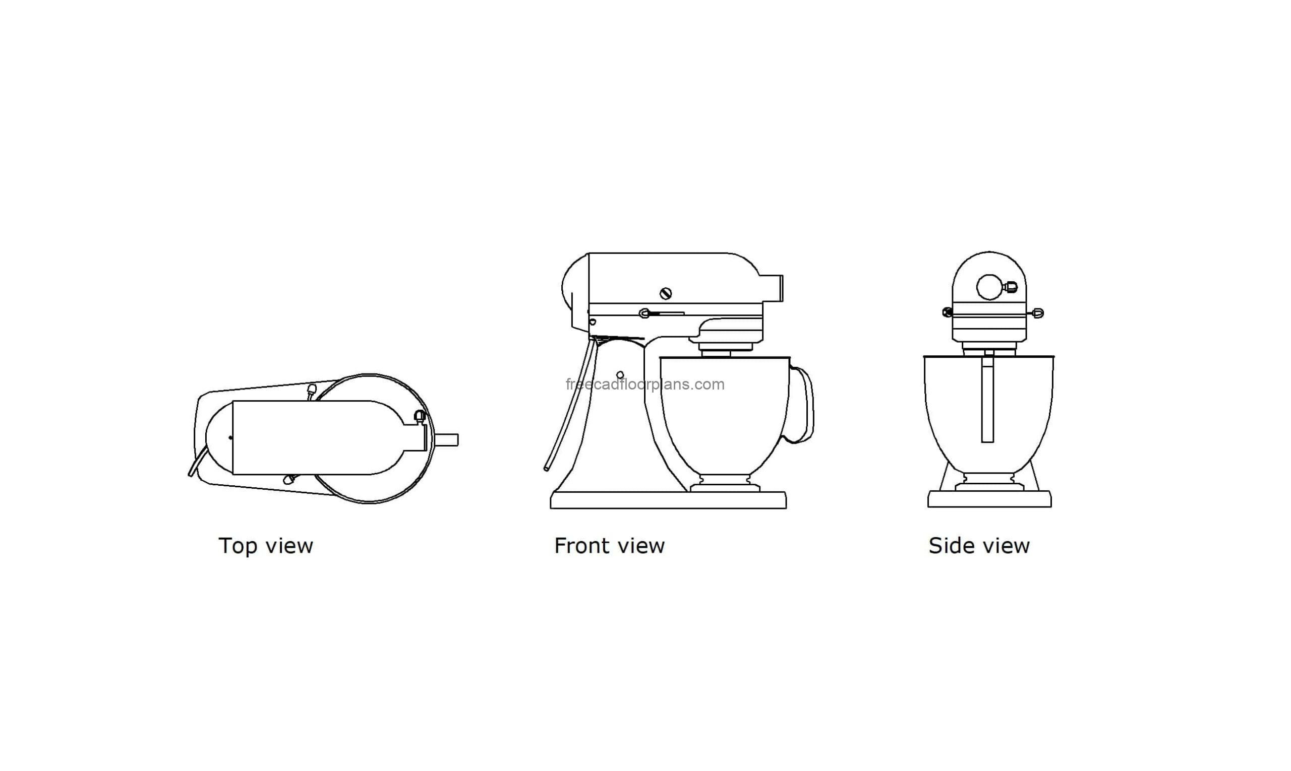 autocad drawing of a kitchen aid mixer, dwg plan and elevation 2d views, file for free download