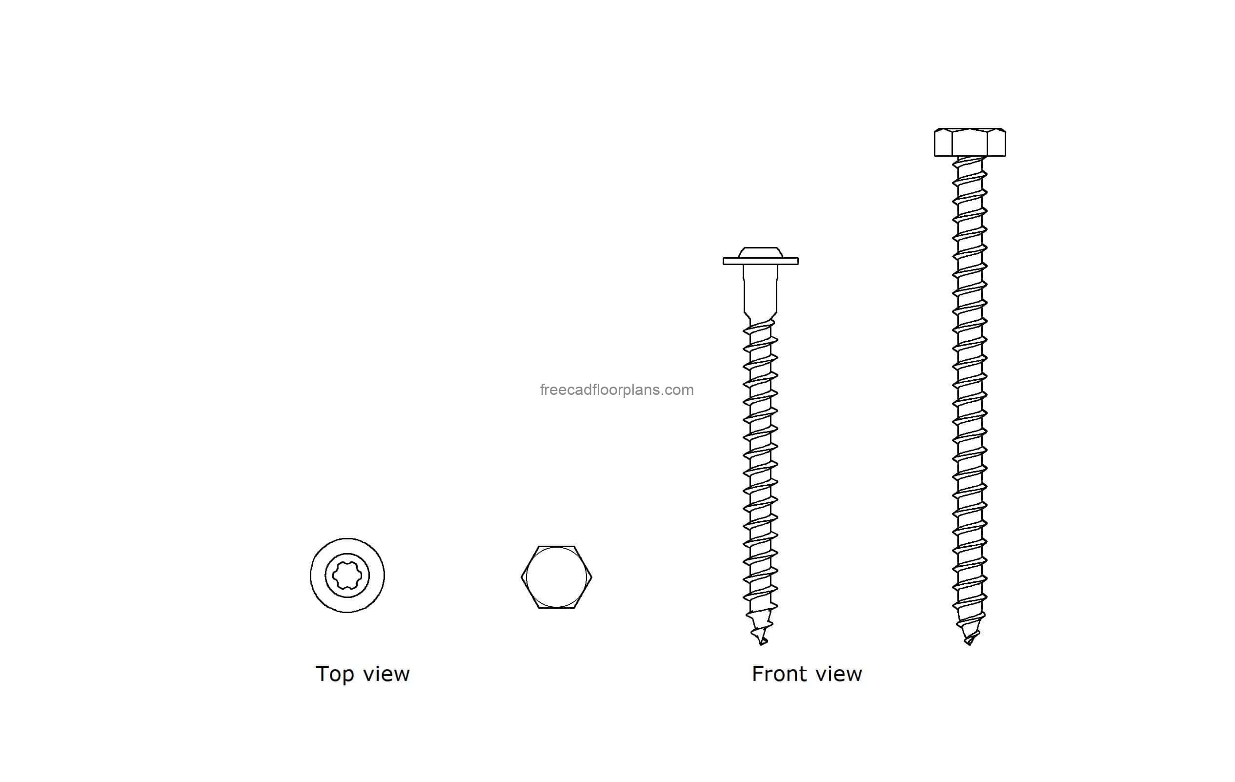 autocad drawing of different lag screws, 2d plan and elevation 2d views, dwg file for free download