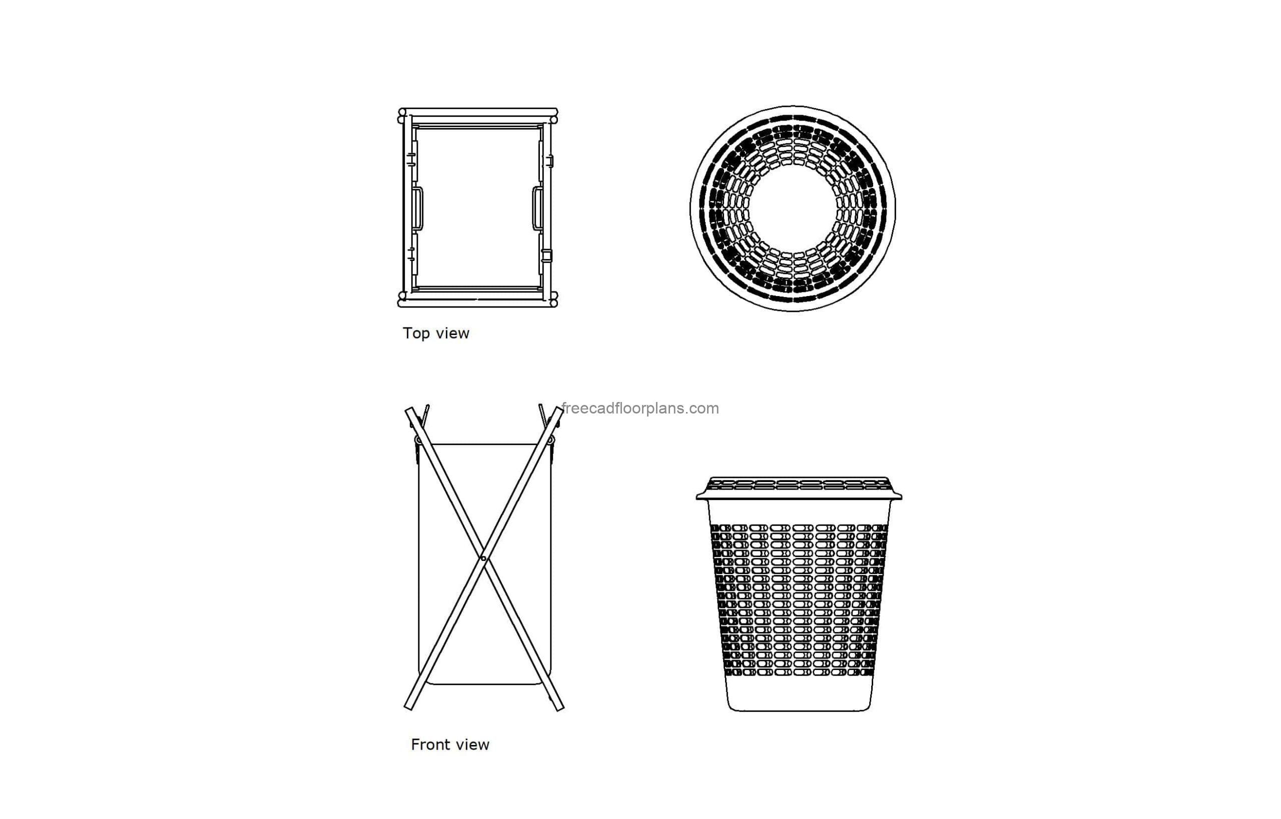 autocad drawing of two laundry hampers, plan and elevation 2d views, dwg file free for download