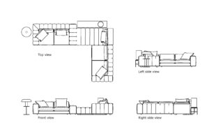 autocad drawing of a minotti sofa with all 2d views, plan and elevation, dwg file free for download