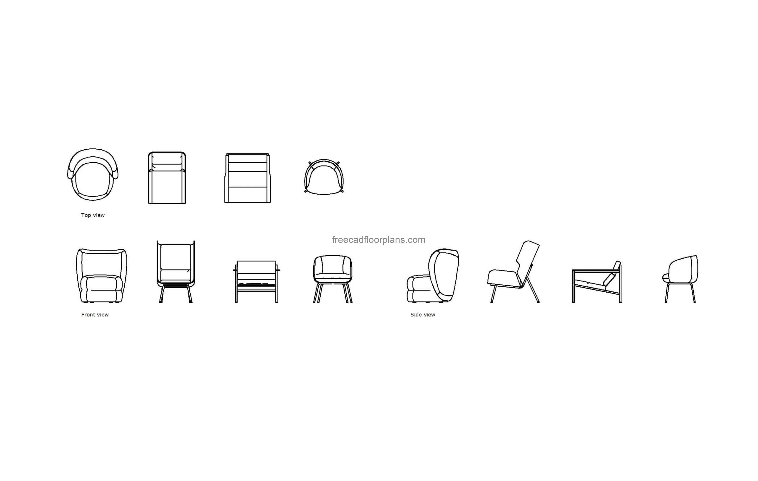 autocad drawing of different modern chair, plan and elevation 2d views, dwg file free for download