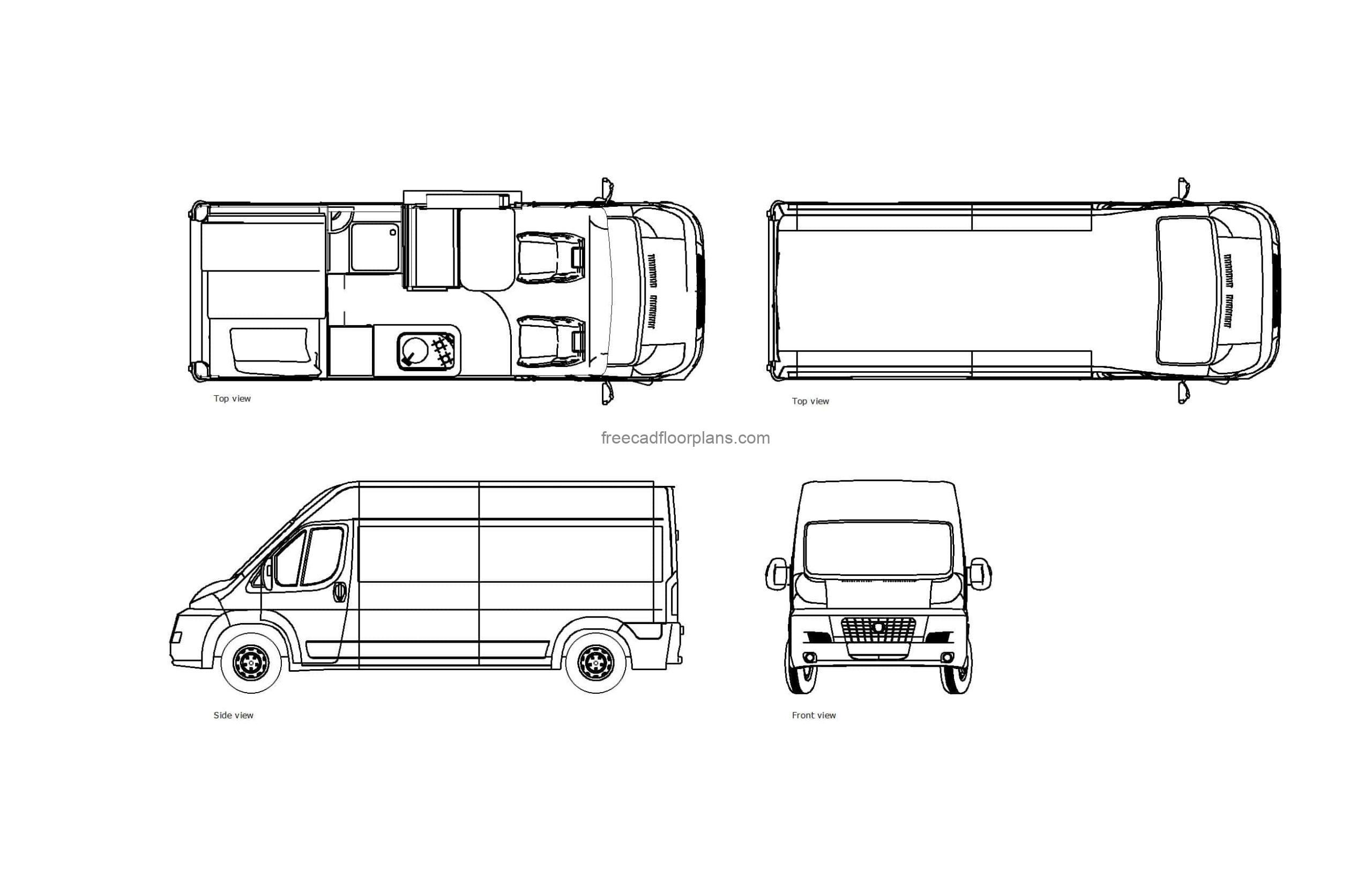 autocad drawing of a motorhome, plan and elevation 2d views, dwg file free for download