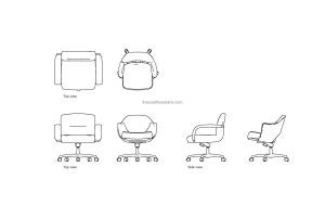autocad 2d drawing of different office arm chairs, plan and elevation views, dwg file free for download