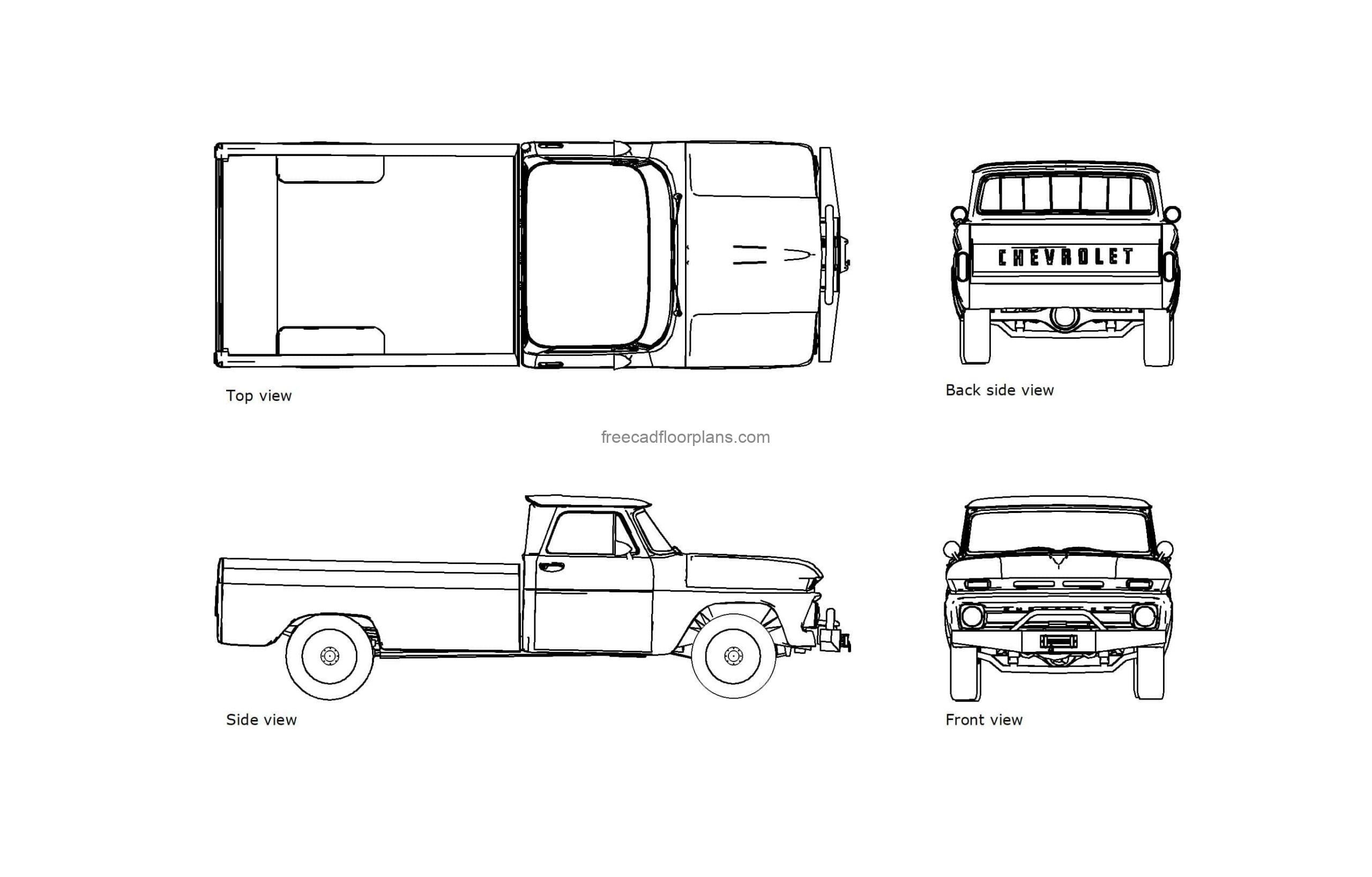 autocad drawing of an old pick up truck, 2d plan and elevation views, dwg file free for download