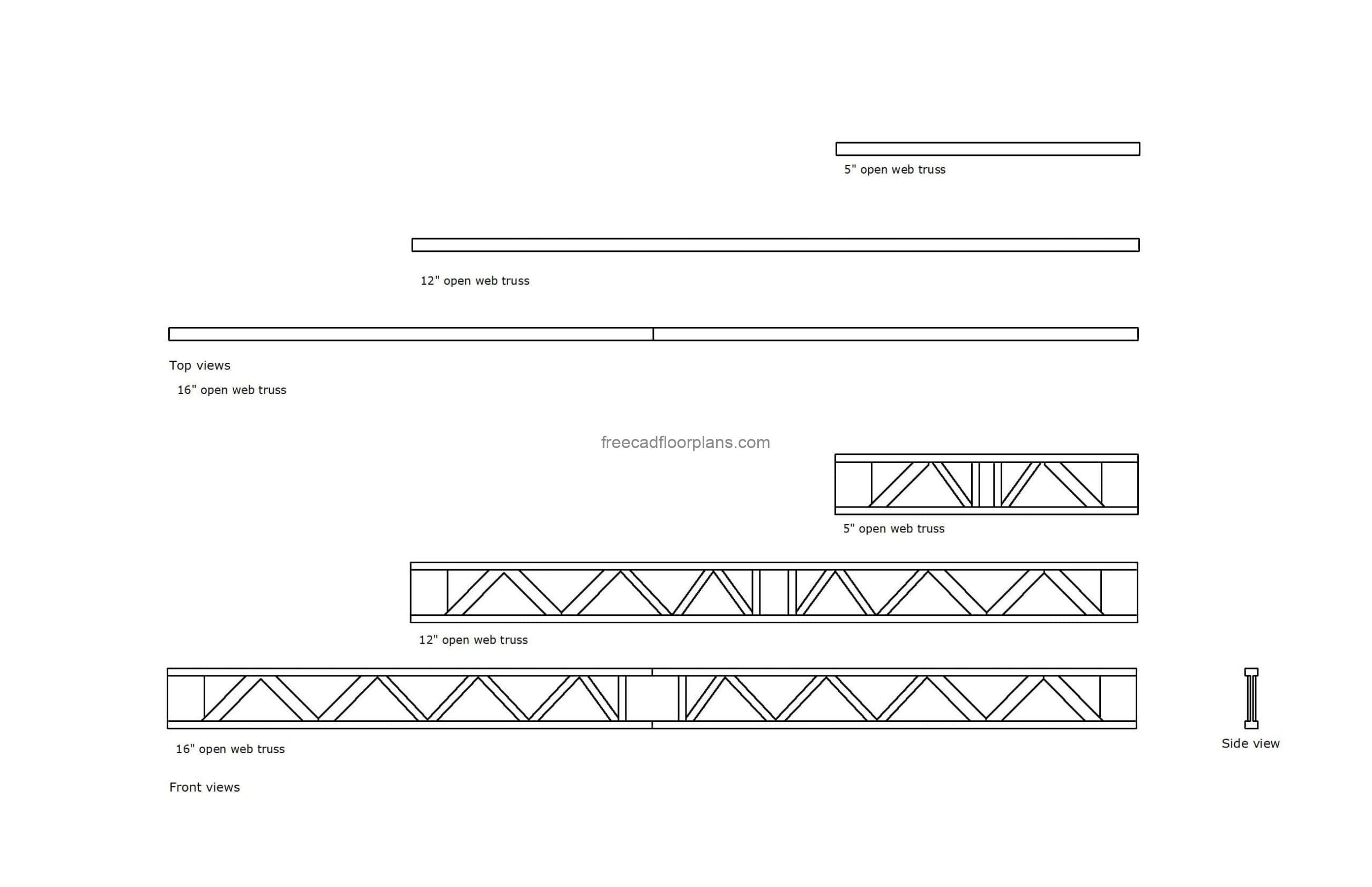 autocad drawing of different open web truss, 2d views plan and elevation, dwg file free for download
