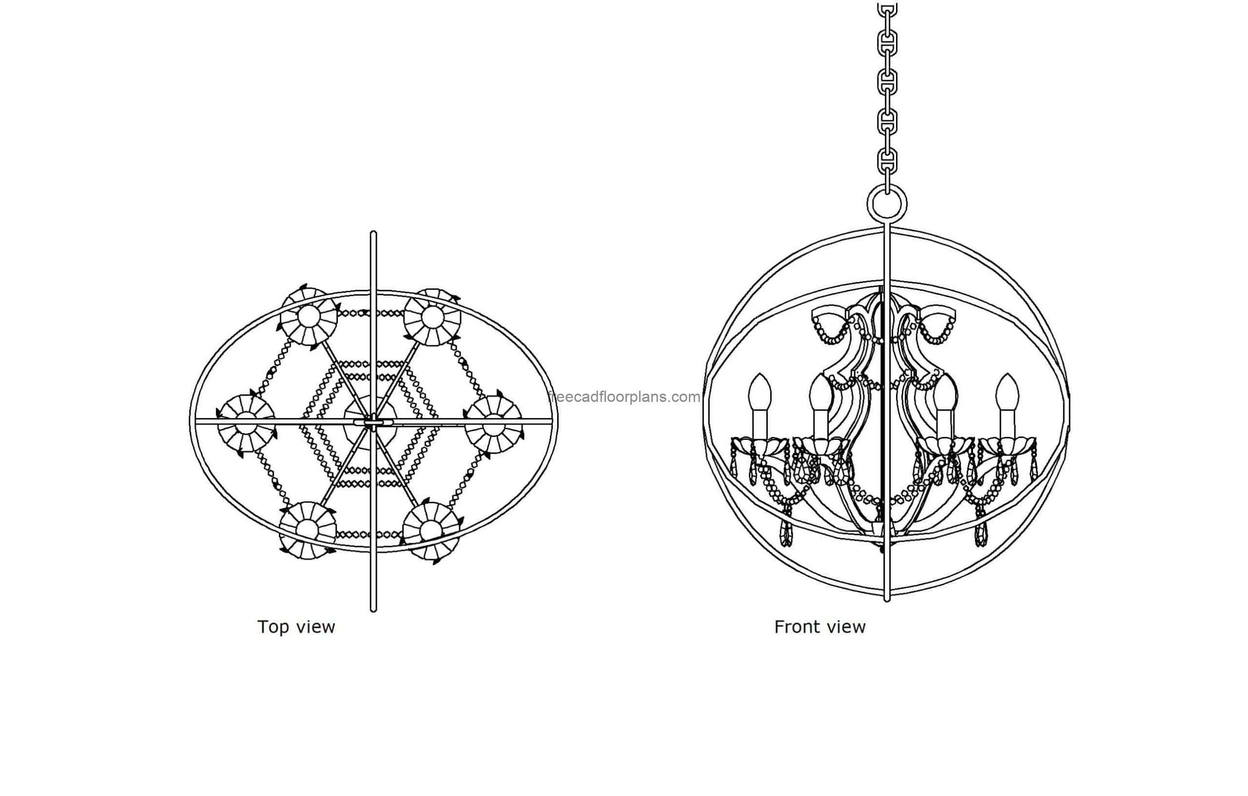 autocad drawing of a orb chandelier, 2d views plan and elevation, dwg file free for download