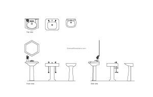 autocad drawing of different pedestal sink, 2d plan and elevation views, dwg file free for download