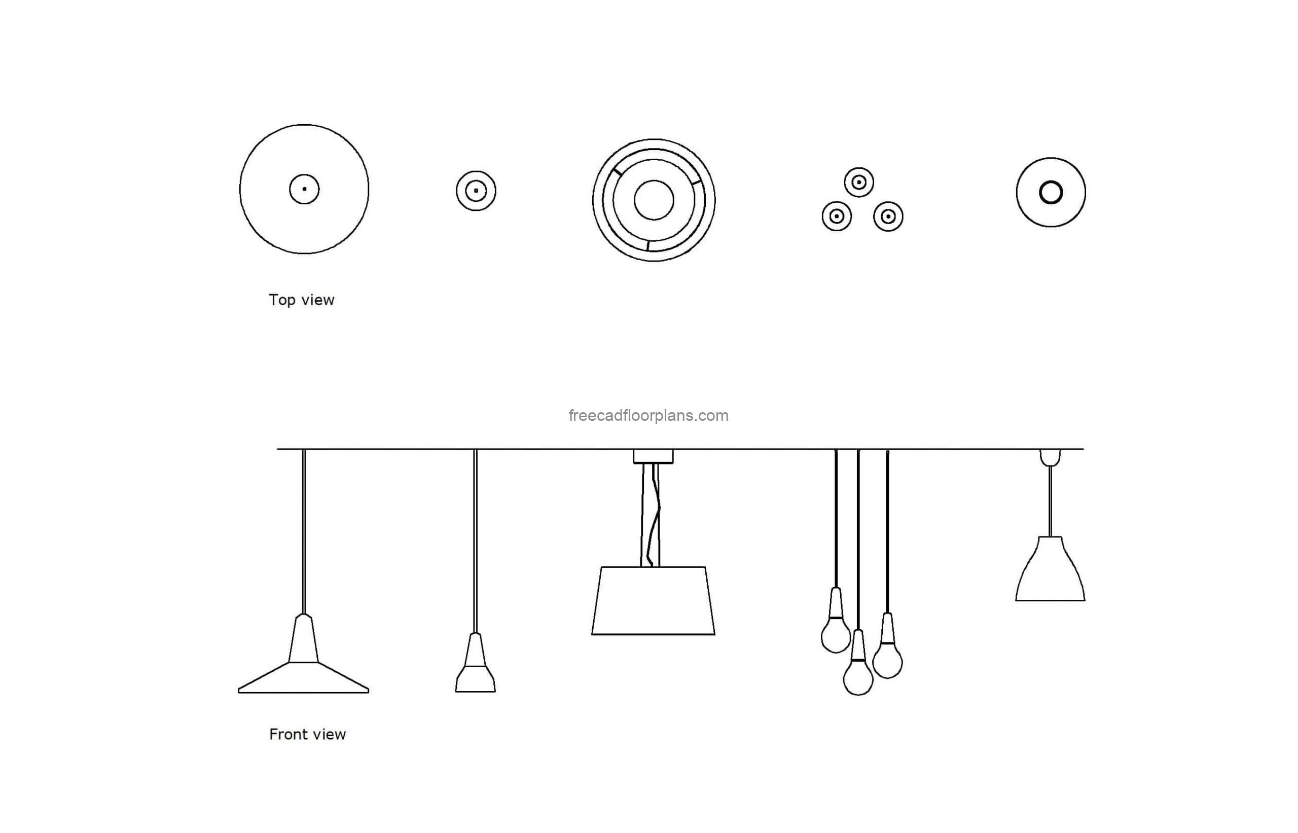 autocad drawing of different pendant lights and lamps, 2d plan and elevation views, dwg file free for download