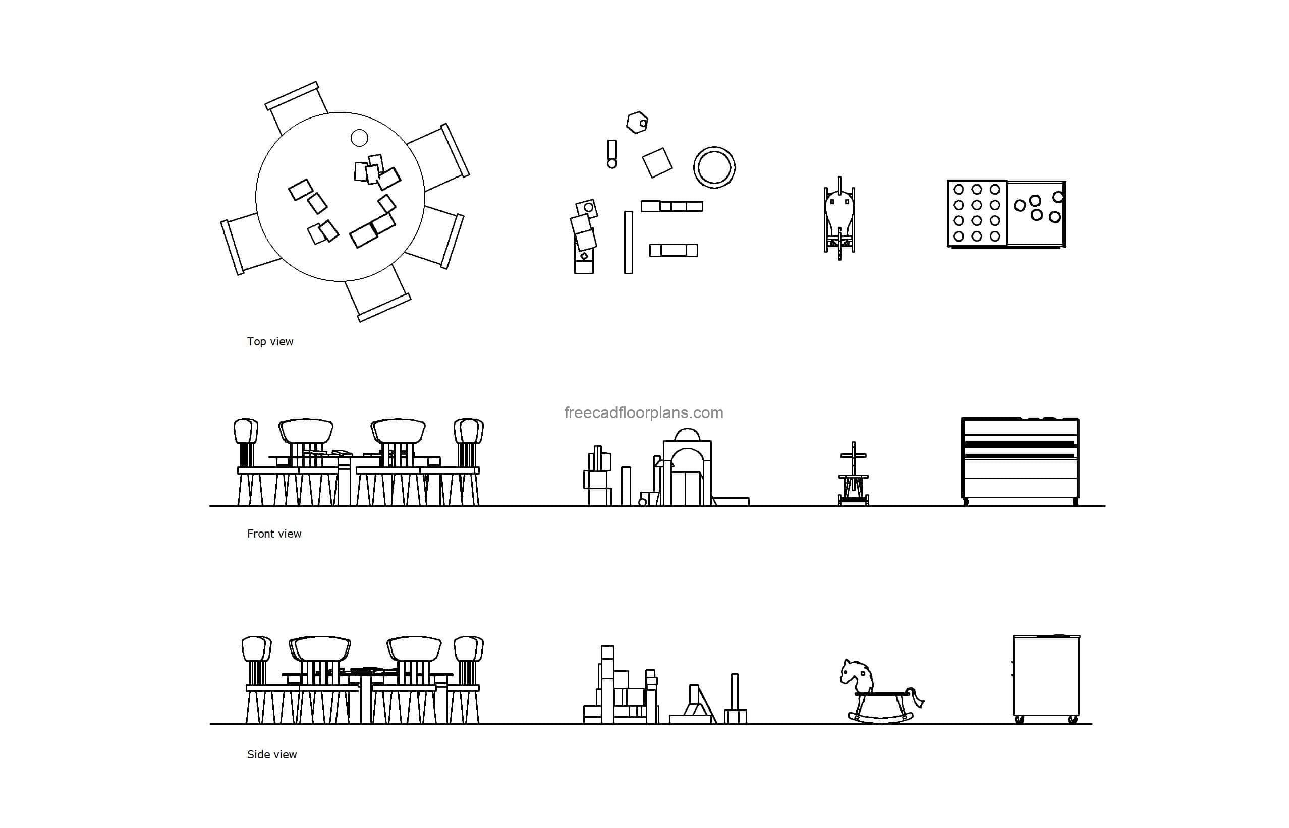 autocad drawing of different preschool furniture, 2d plan and elevation views, dwg file for free download