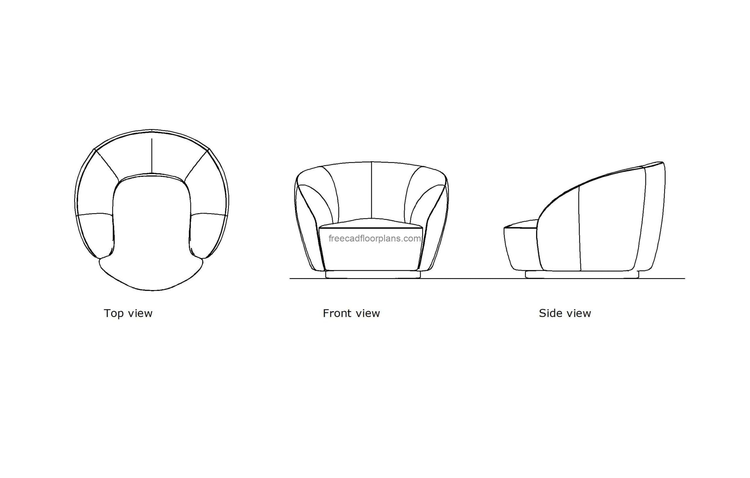 autocad drawing of a round armchair, 2d views plan and elevation, dwg file free for download
