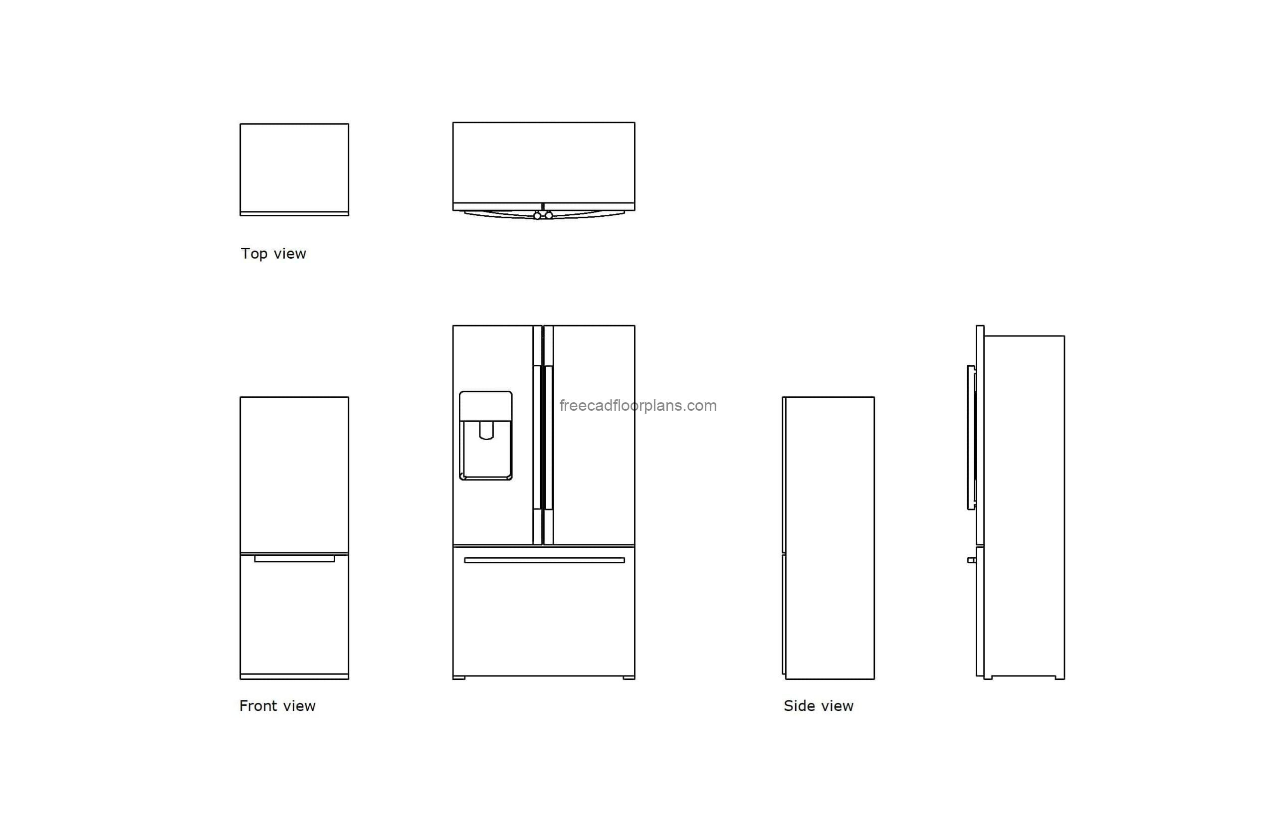 autocad drawing of tow different samsung fridges, plan and elevation 2d views, dwg file free for download
