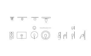 autocad drawing of different shower controls, 2d plan and elevation views, dwg file free for download
