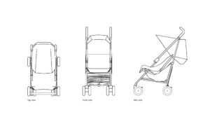 autocad drawing of a stroller, plan and elevation 2d views, dwg file free for download