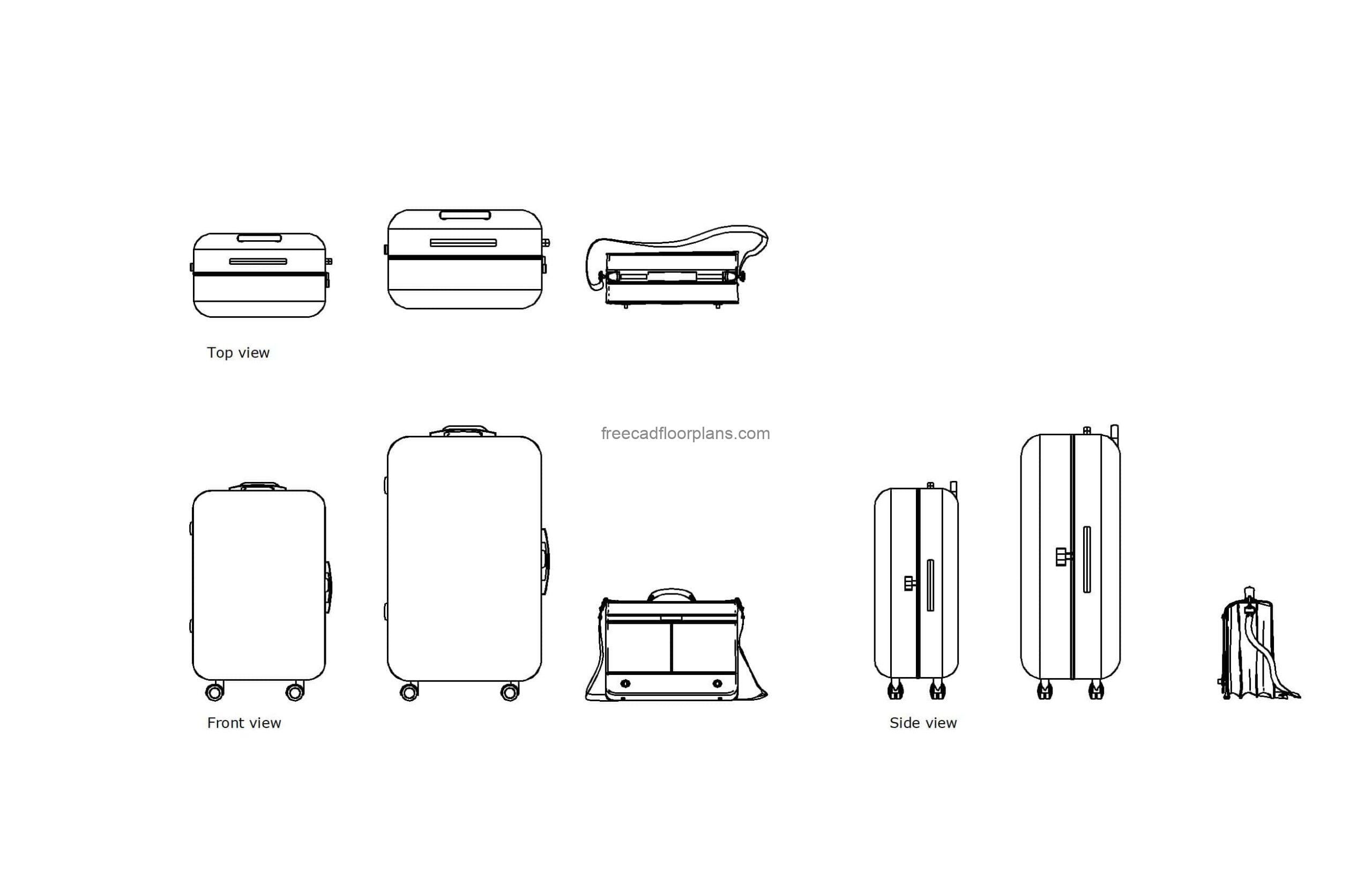 autocad drawing of different suitcases, dwg 2d views plan and elevation, file for free download