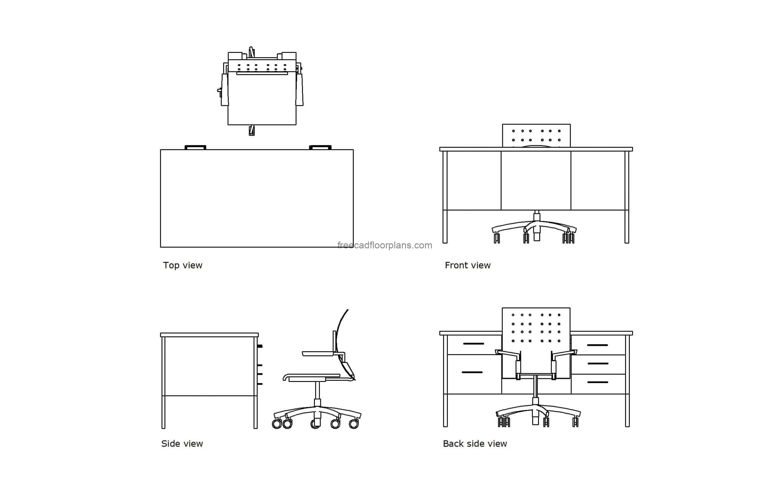 autocad drawing of a teachers desk, 2d plan and elevation views, dwg file free for download