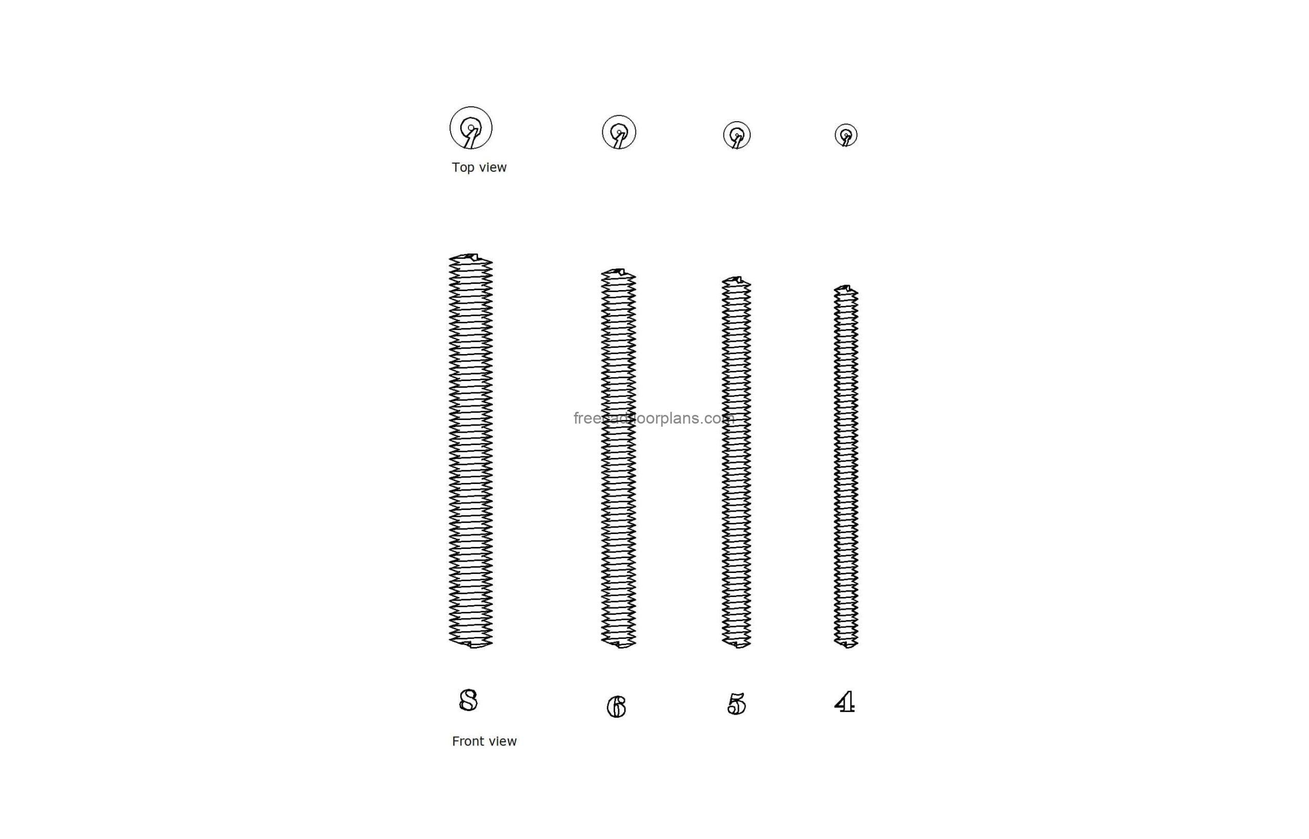 autocad drawing of threaded rods of different sizes, plan and elevation 2d views, dwg file free for download