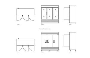 autocad drawing of a three door refrigerator, plan and elevation 2d views, dwg file free for download