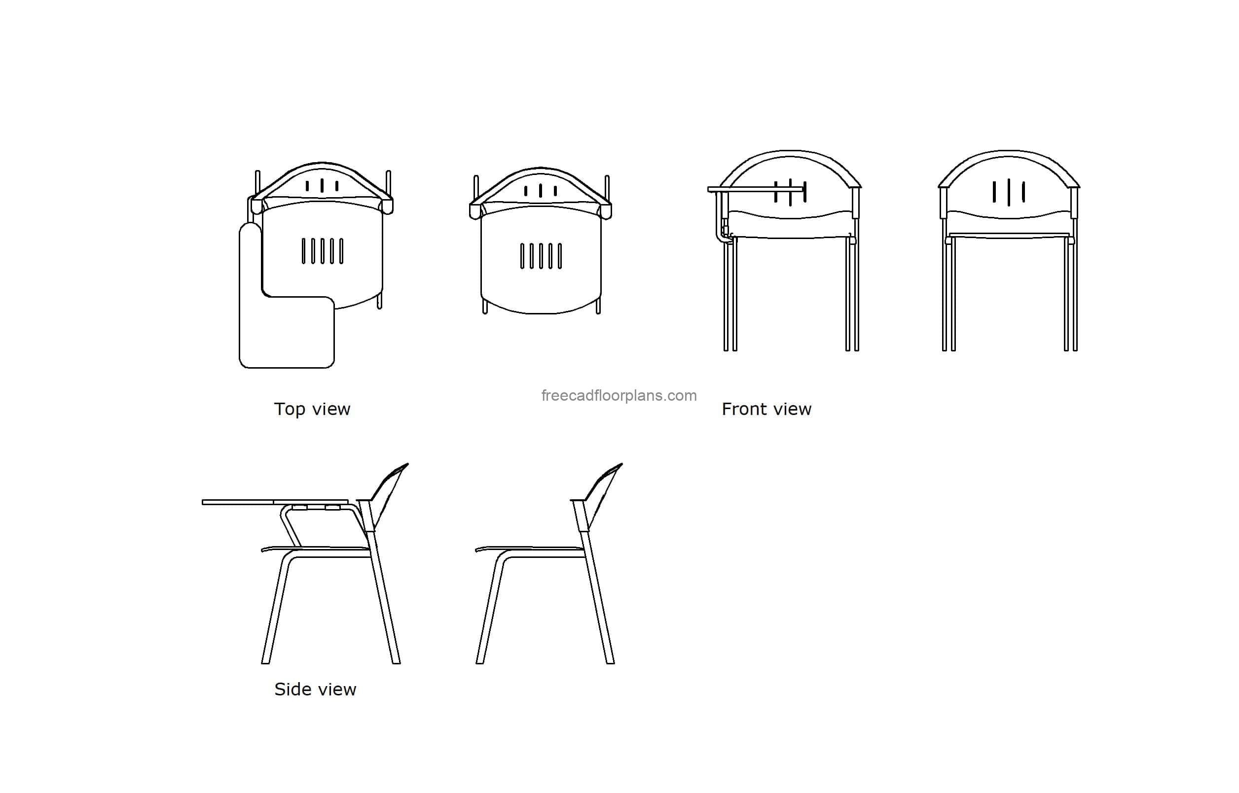 autocad drawing of different models of training room chairs, plan and elevation 2d vies, dwg file free for download