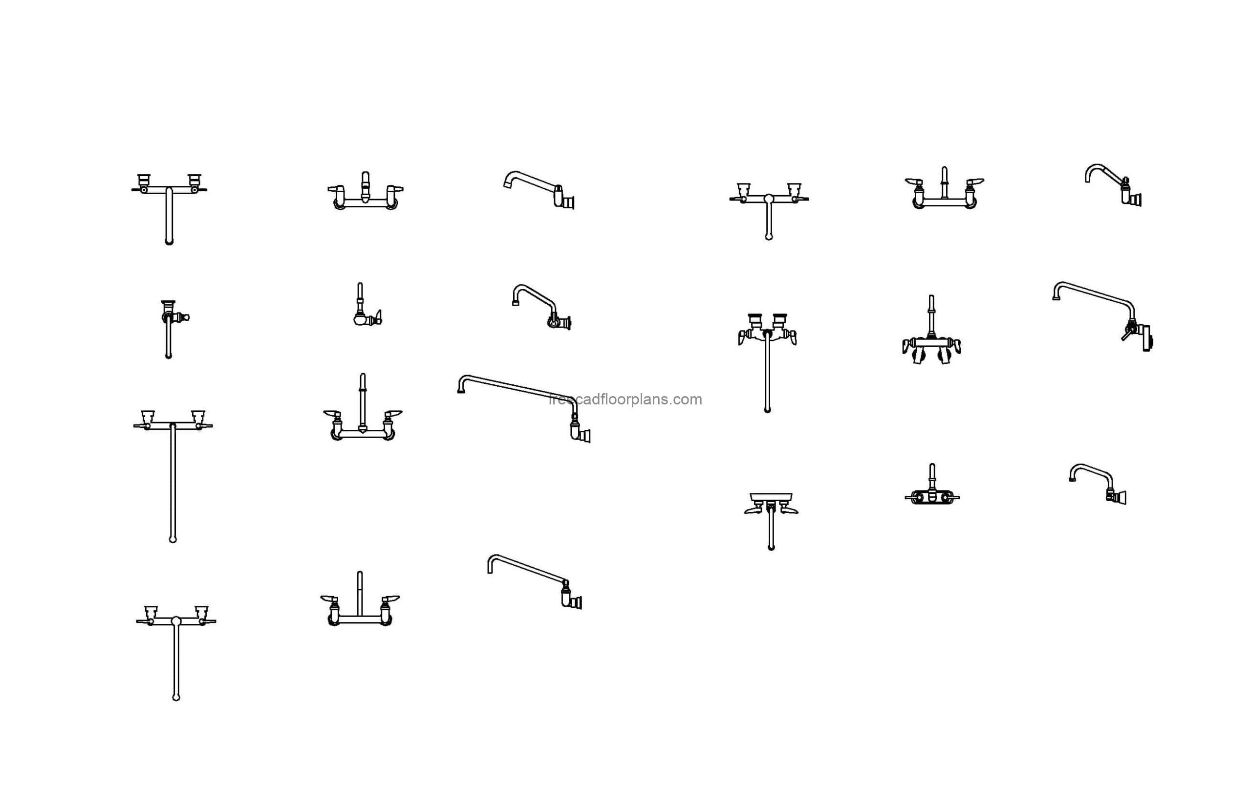 autocad drawing of different wall mounted faucets, plan and elevation 2d views, dwg file for free download