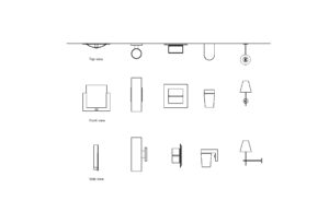 autocad drawing of different modern wall sconces, 2d views, plan, elevation and side, dwg file for free download