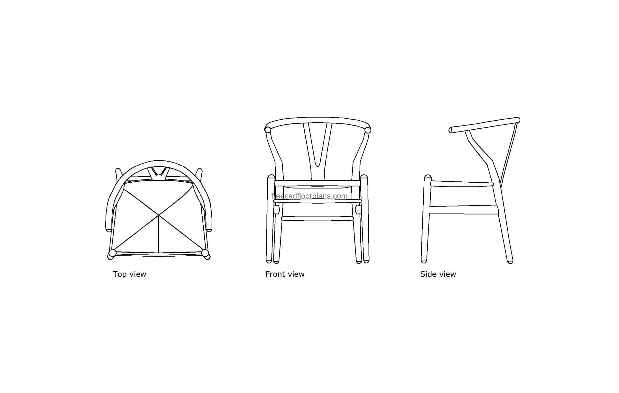 autocad drawing of a wishbone chair, plan and elevation views, dwg file for free download