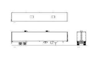 autocad drawing of a 53 ft semi truck, plan and elevation 2d views, dwg file for free download