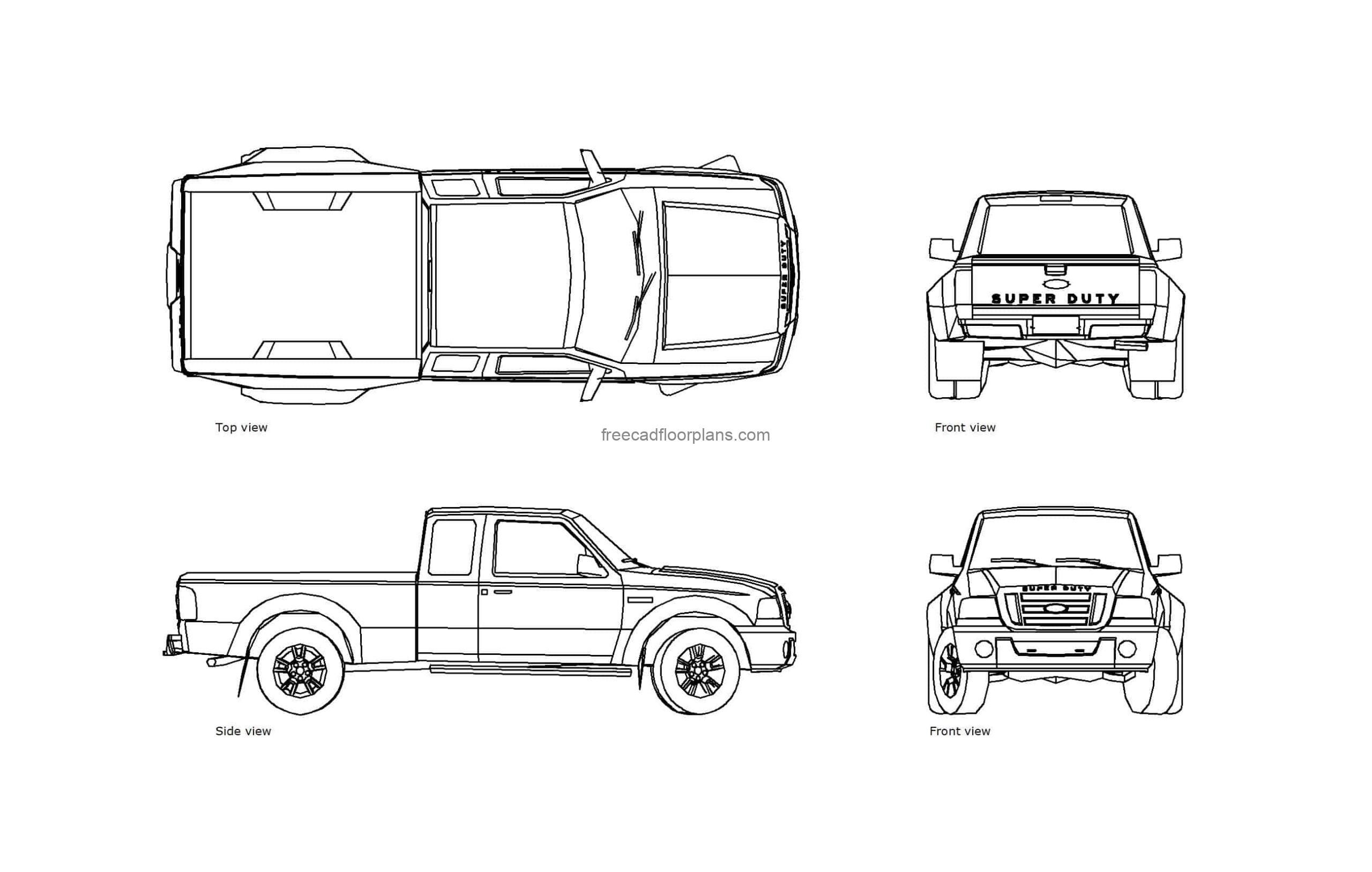 autocad drawing of a ford f450 dually truck, plan and elevation 2d views, dwg file free for download