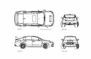 autocad drawing of a subaru impreza WRX car, 2d views, plan and elevation, dwg file free for download