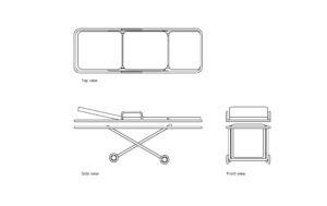 autocad drawing of an ambulance stretcher, plan and elevation 2d views, dwg file free for download
