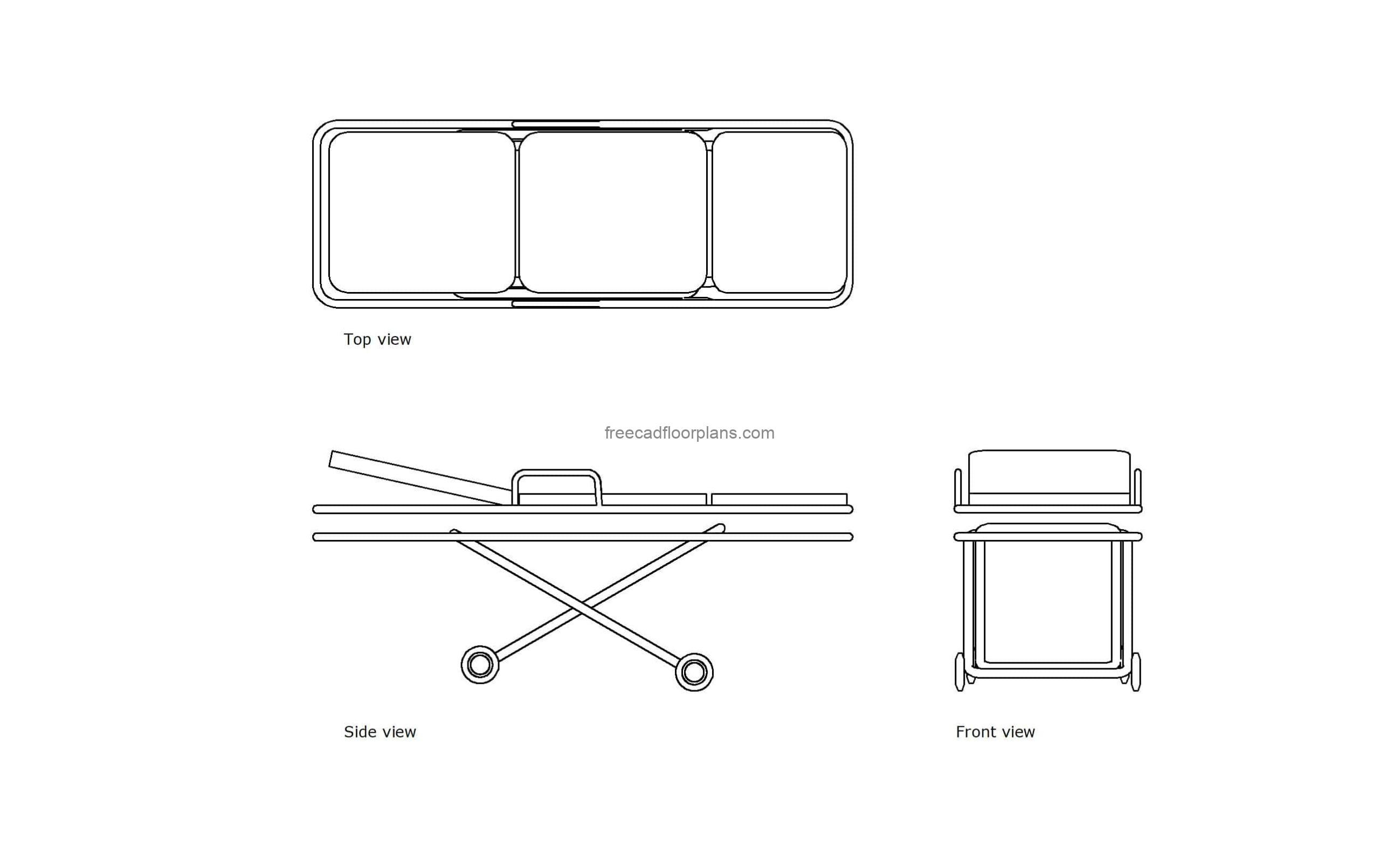 autocad drawing of an ambulance stretcher, plan and elevation 2d views, dwg file free for download