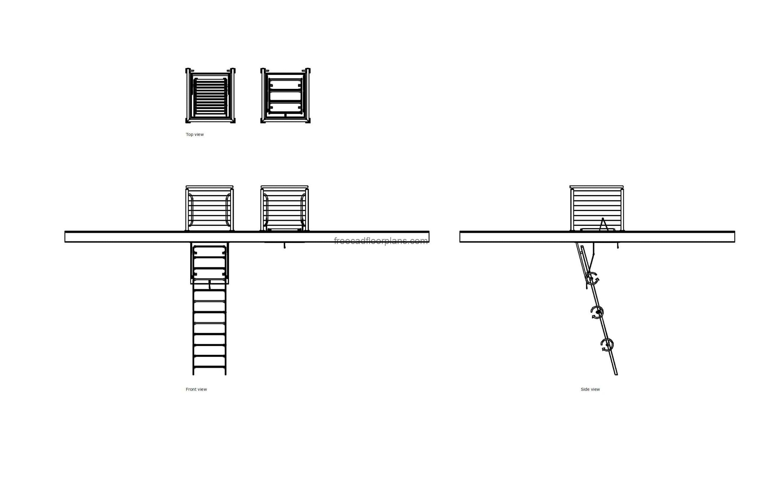 autocad drawing of an attic and loft ladder, plan and elevation 2d views, dwg file free for download