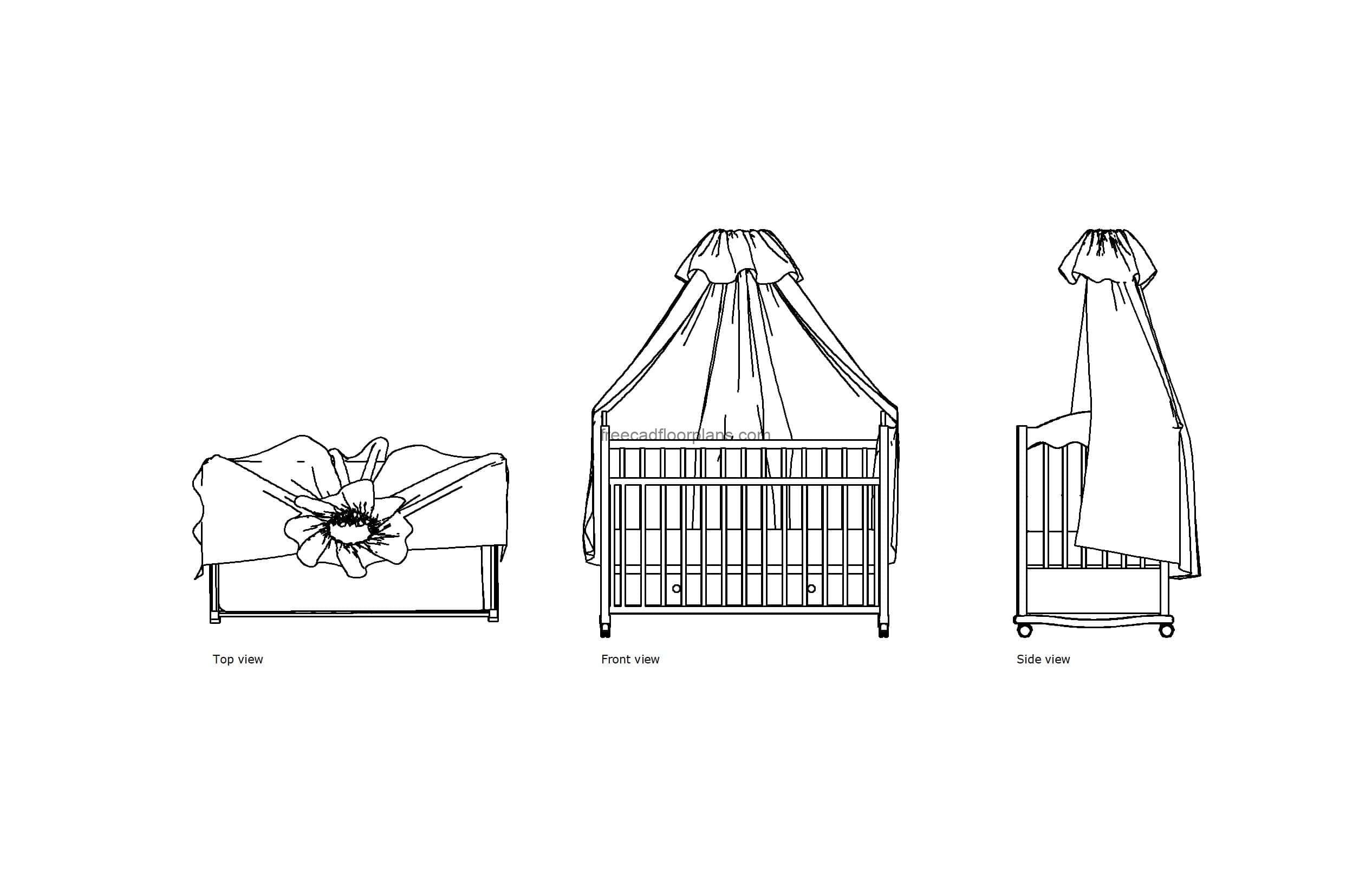 autocad 2d drawing of a baby bed, plan and elevation 2d views, dwg file free for download