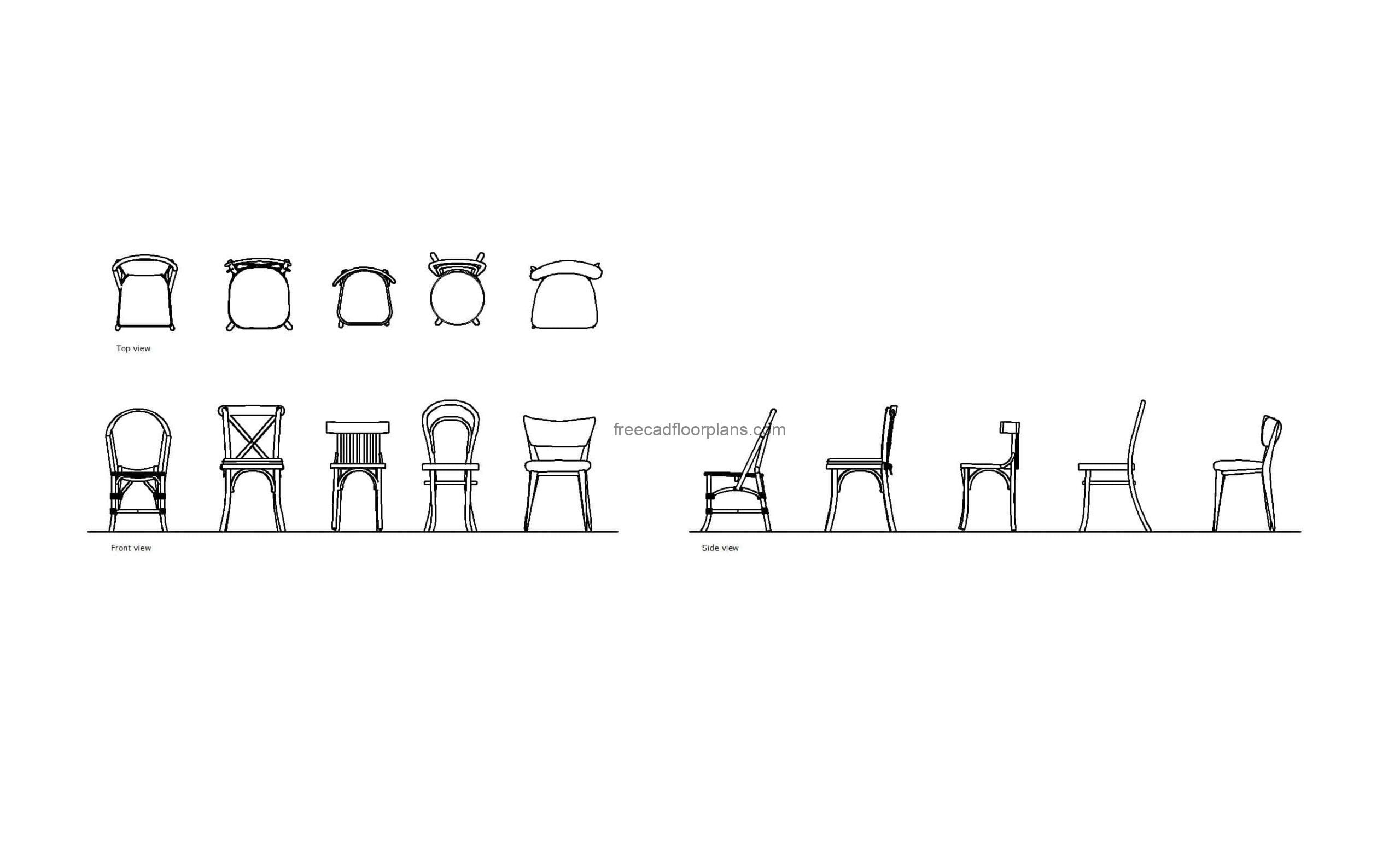 autocad drawing of bistro chairs, 2d views, plan and elevation, dwg file free for download