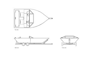 autocad drawing of a boat trailer with a speed boat, plan and elevation 2d views, dwg file free for download