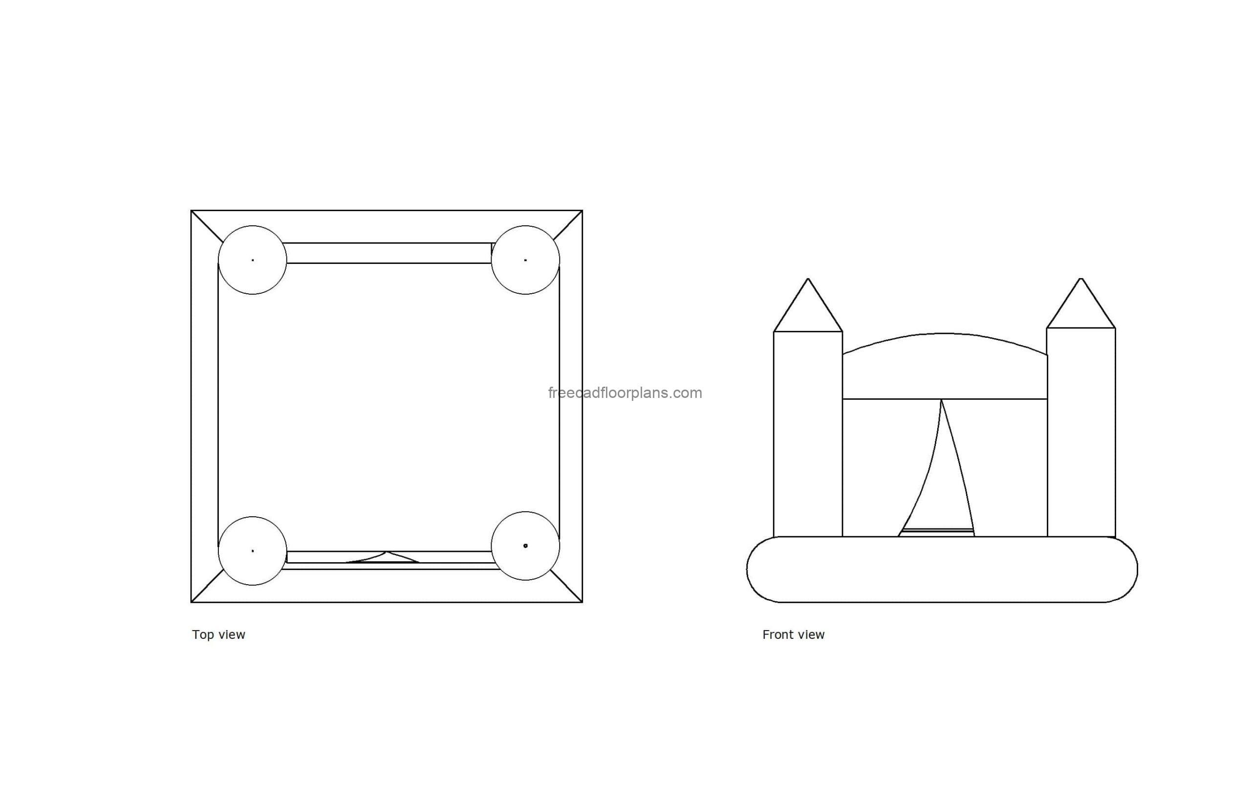 bounce house autocad drawing, plan and elevation 2d views, dwg file free for download