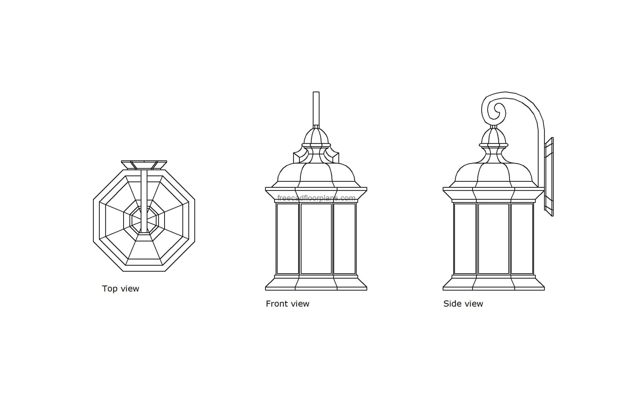 autocad drawing of a carriage light, plan and elevation 2d views, dwg file free for download