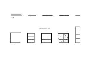 autocad drawing of different casement windows models, plan and elevation 2d views, dwg file free for download