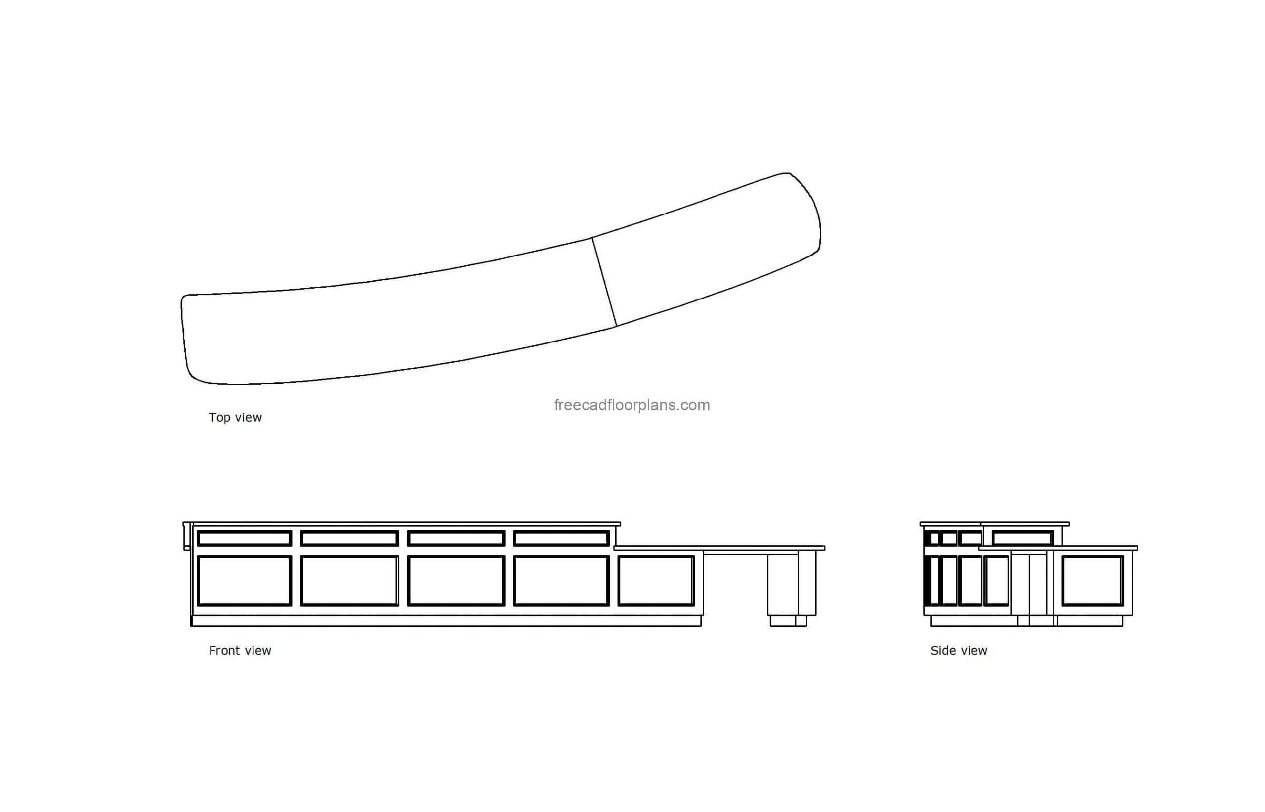 autocad drawing of a circulation desk, plan and elevation 2d views, dwg file free for download