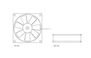 autocad drawing of computer fan, 2d views, plan and elevation, dwg file free for download