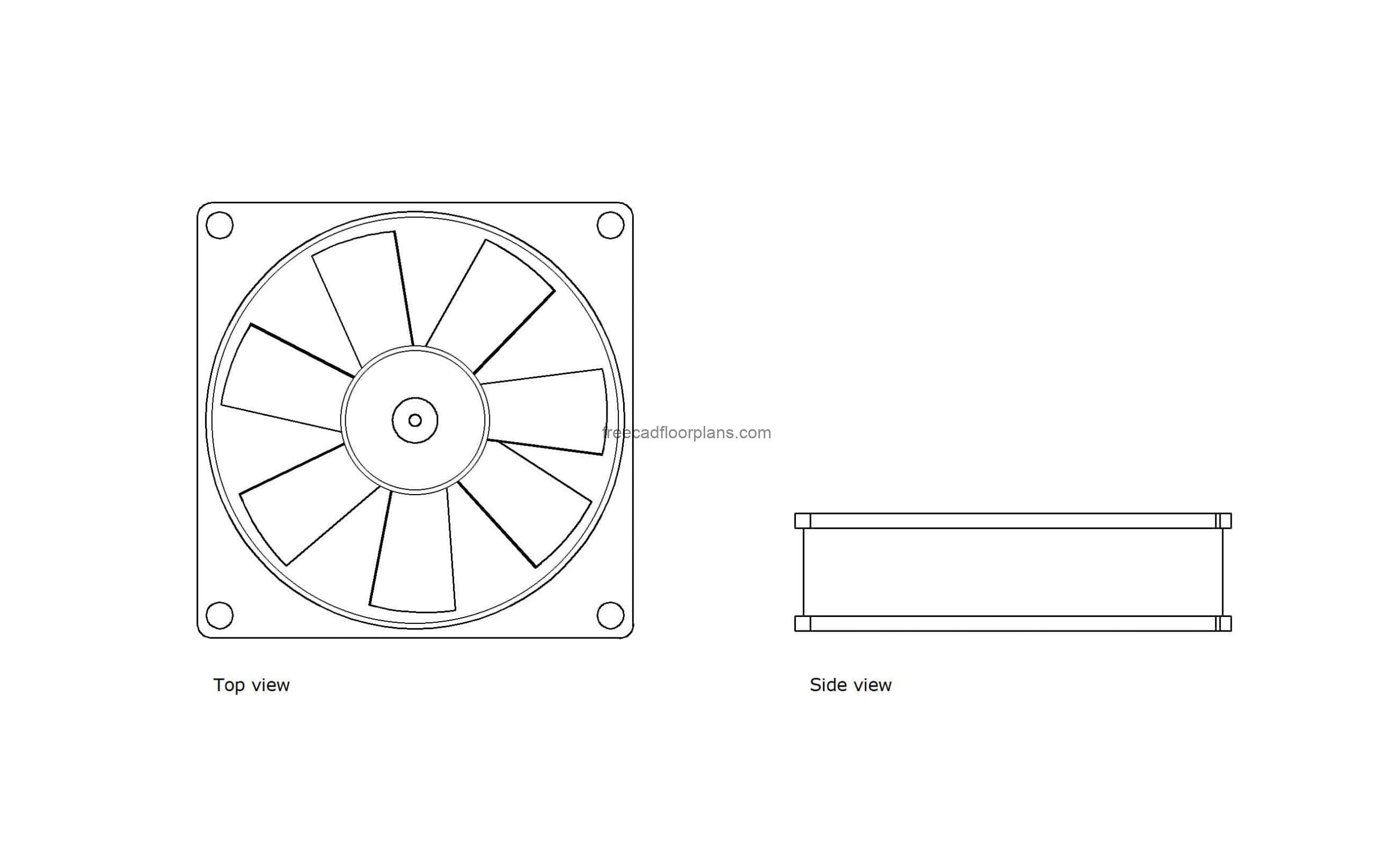 autocad drawing of computer fan, 2d views, plan and elevation, dwg file free for download