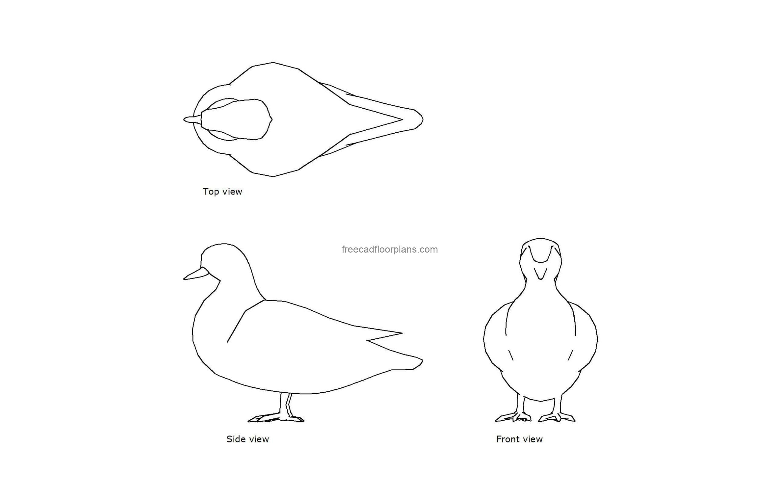 autocad drawing of a duck, plan and elevation 2d views, dwg file free download
