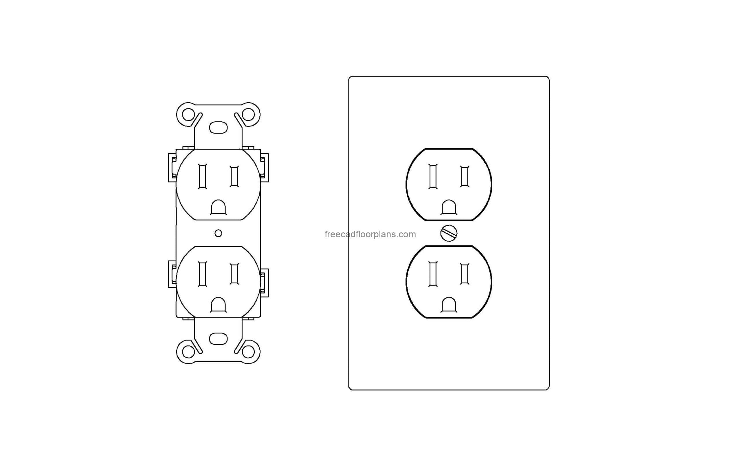 duplex outlet autocad 2d drawing, elevation front view, dwg file for free download