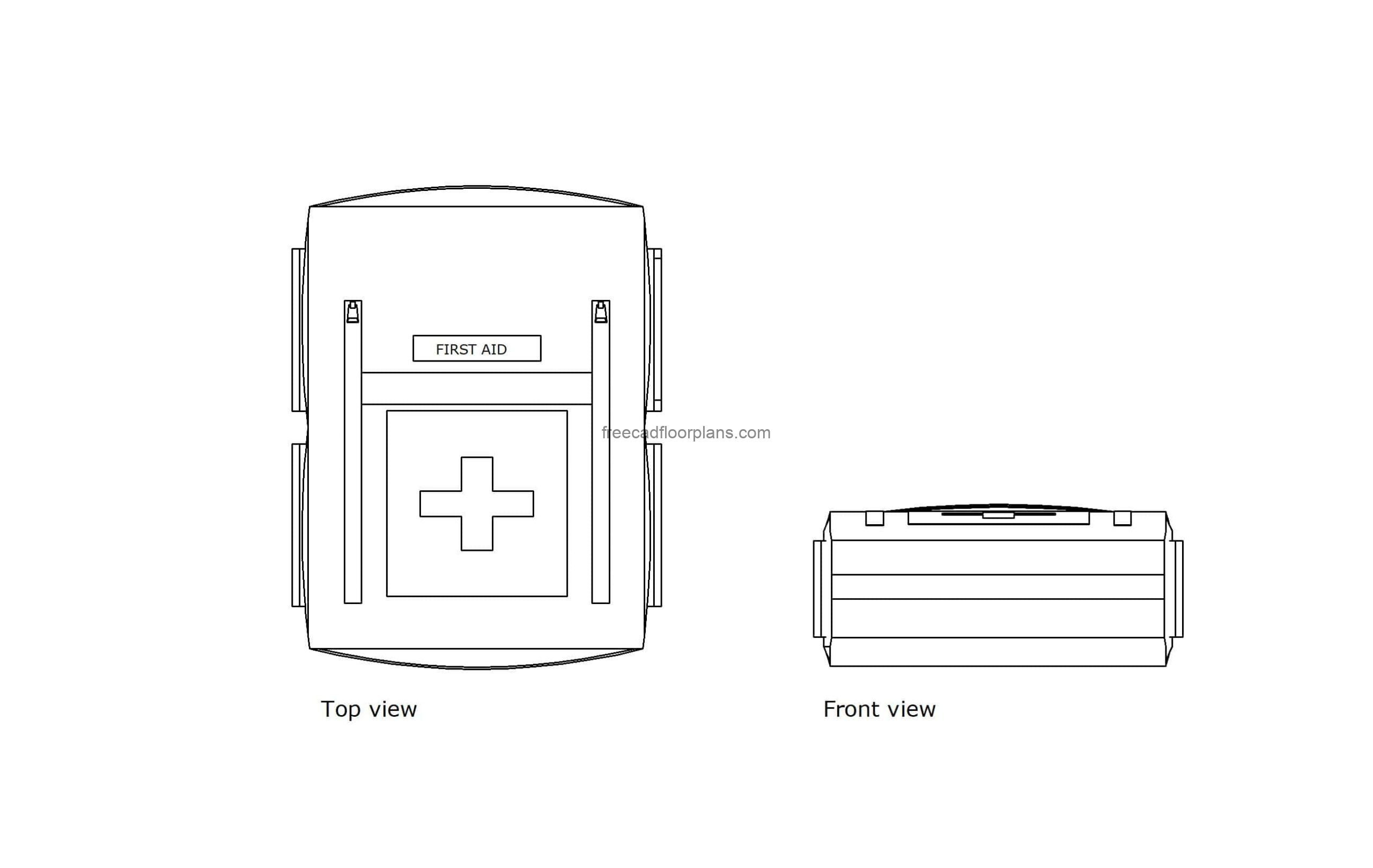 autocad drawing of a first aid kit, plan and elevation 2d views, dwg file for free download