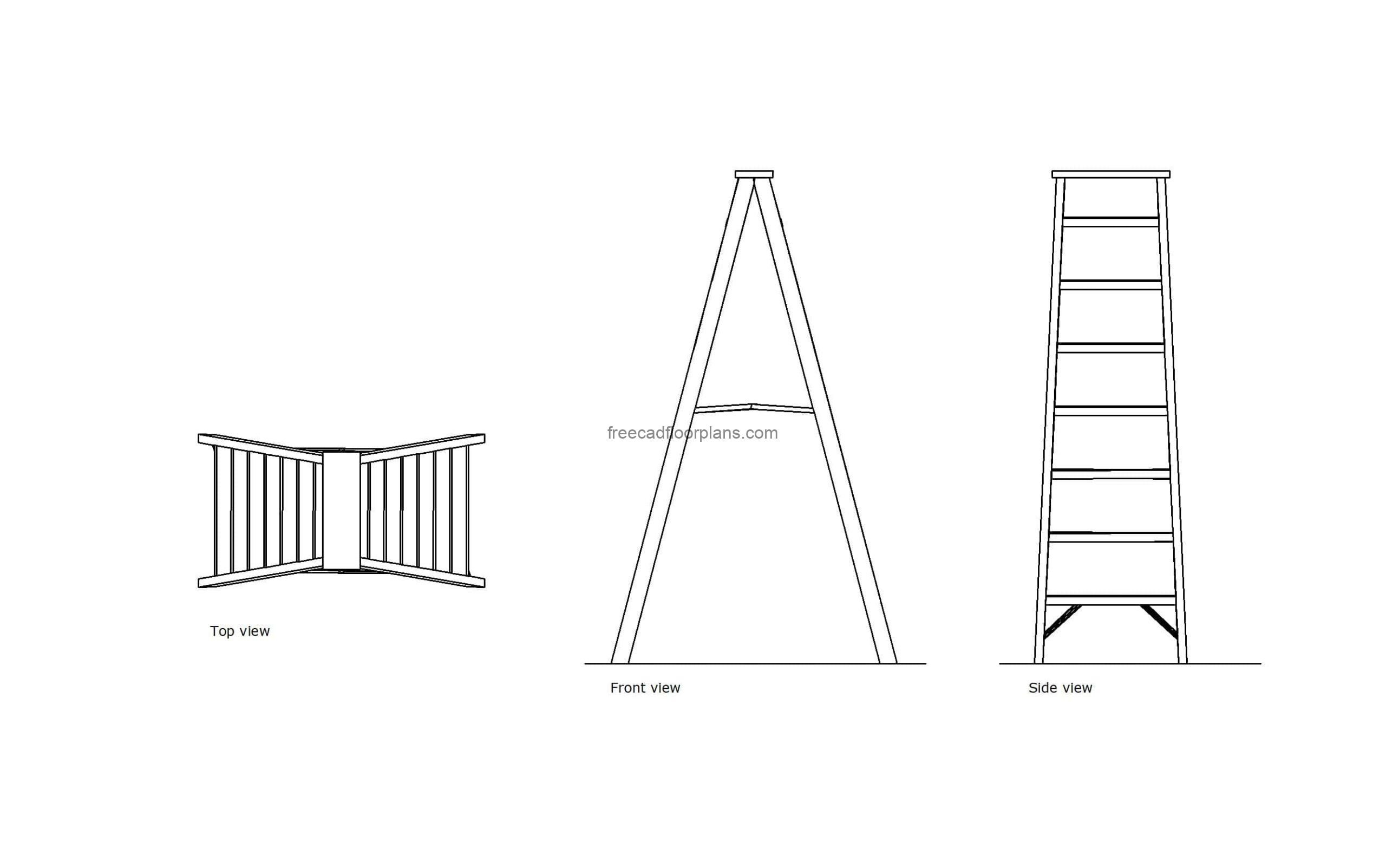 autocad drawing of a folding ladder, plan and elevation 2d views, dwg file free for download