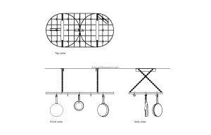 autocad drawing of an hanging pan rack, plan and elevation 2d views, dwg file for free download