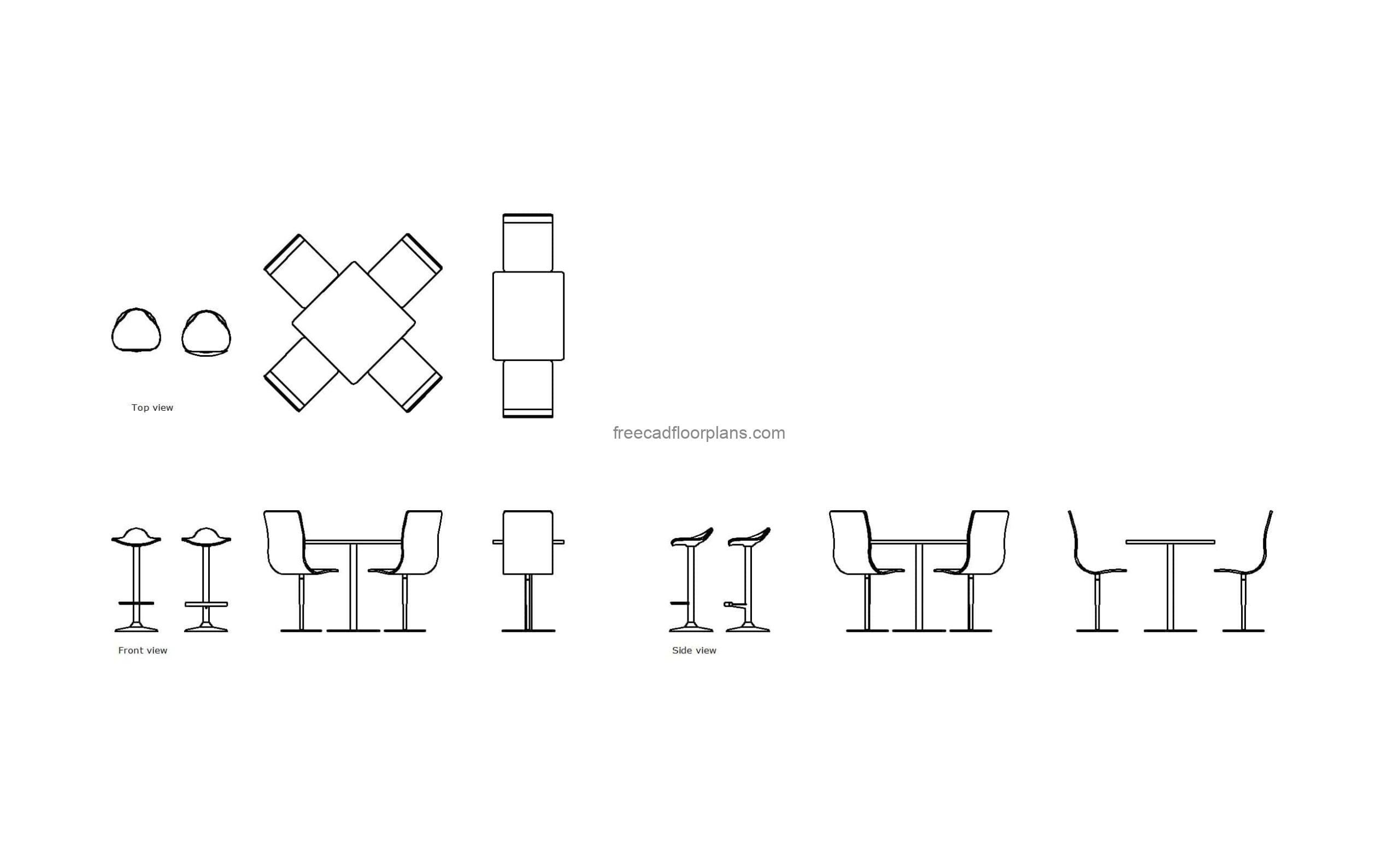 autocad 2d drawing of high top restaurant chairs, plan and elevation 2d views, dwg file free for download