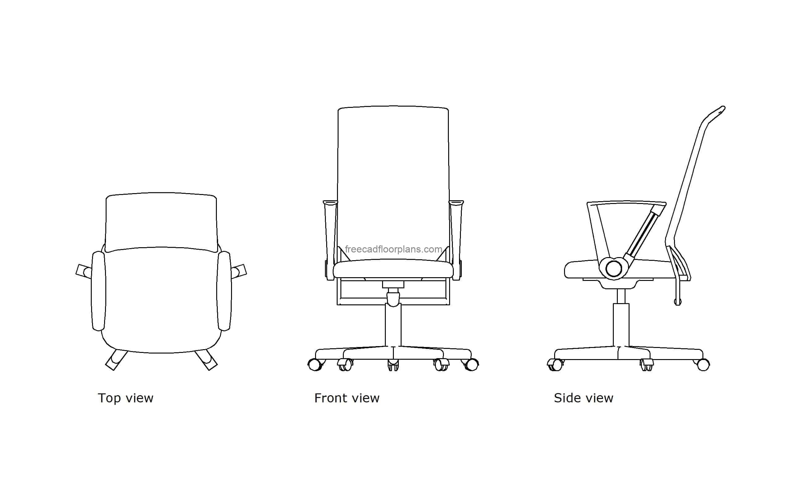 autocad drawing of a highback executive chair, plan and elevation 2d views, dwg file free for download