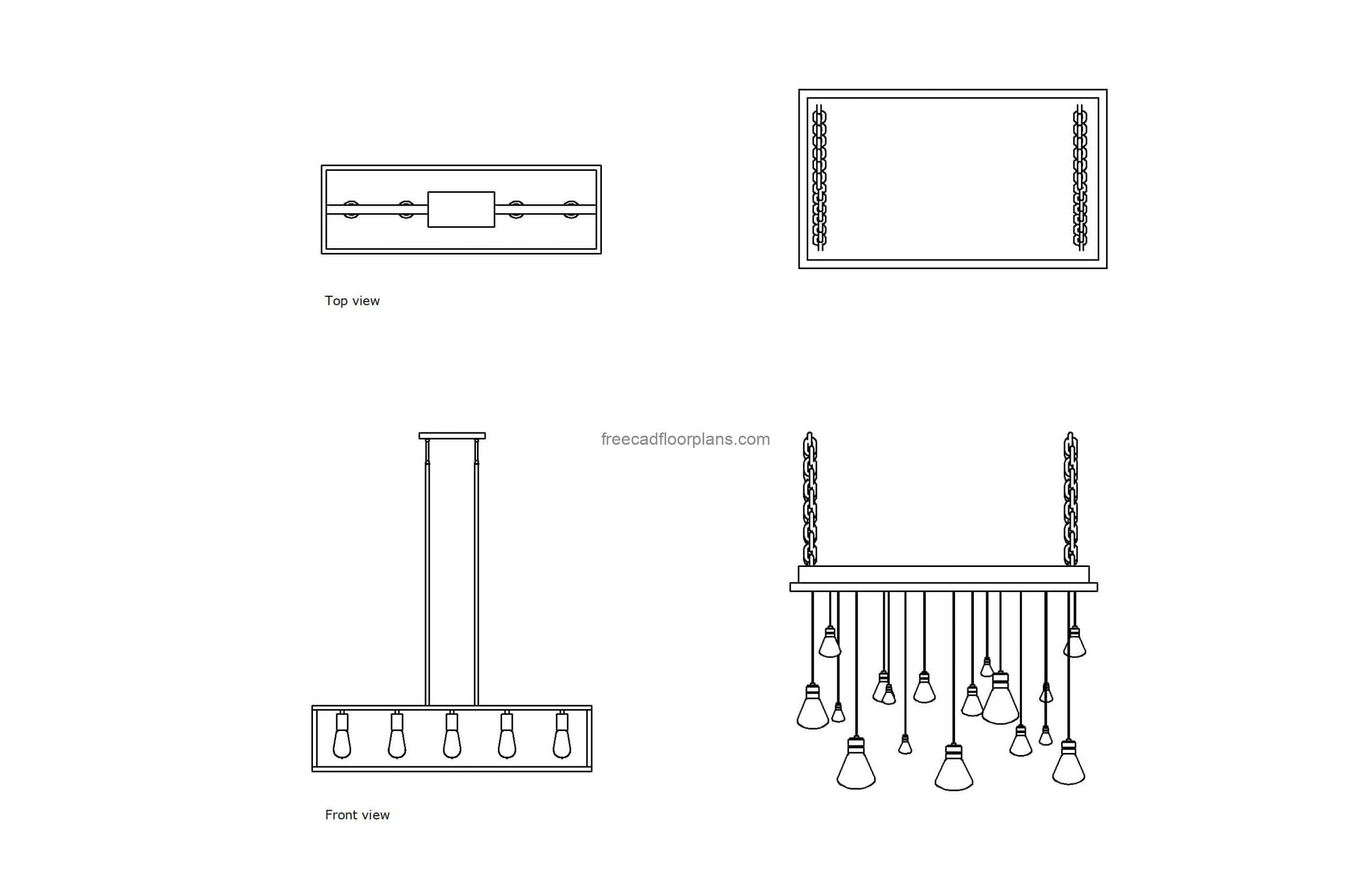 autocad drawing of different industrial chandeliers, plan and elevation 2d views, dwg file for free download