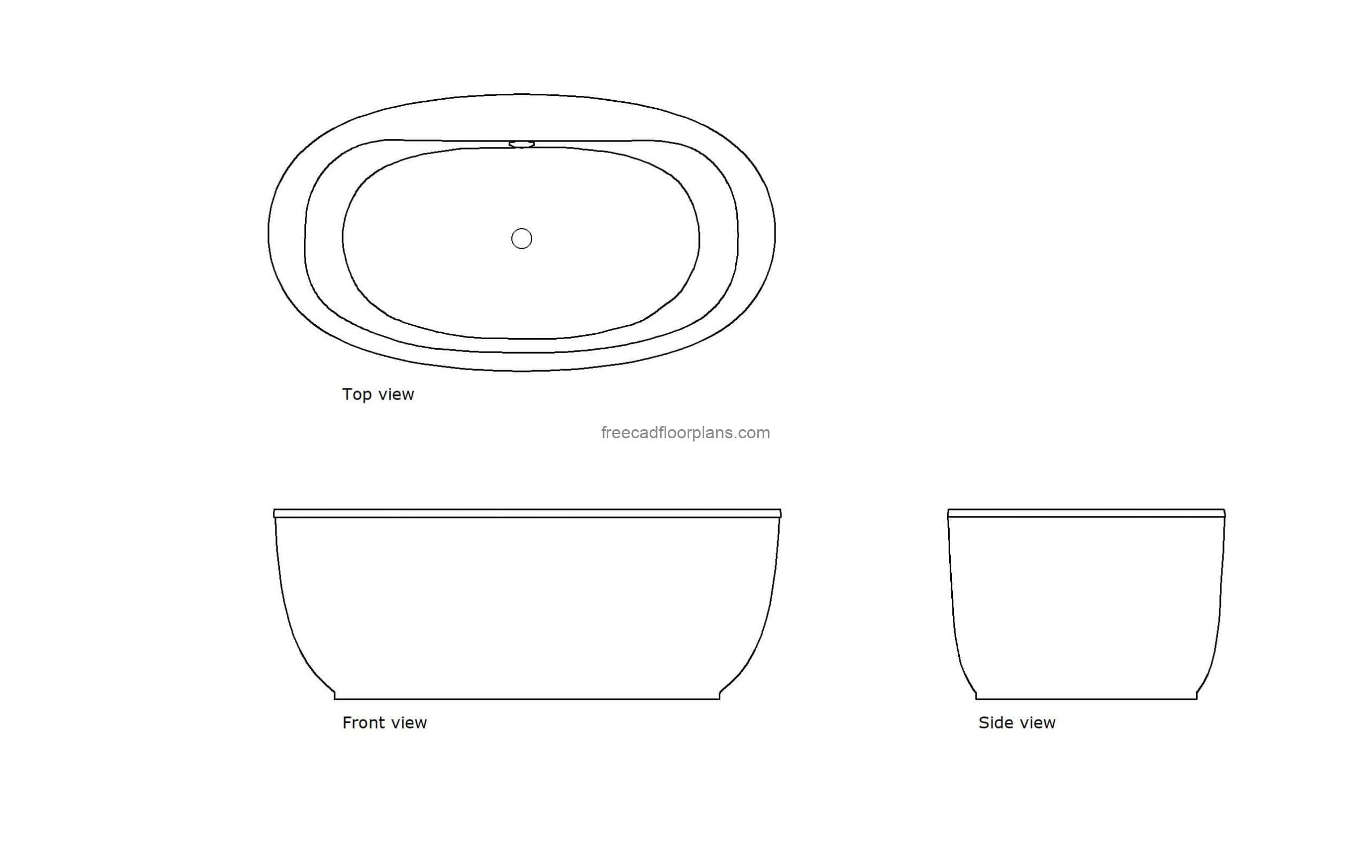 autocad drawing of a kohler freestanding tub, 2d views plan and elevation, dwg file for free download