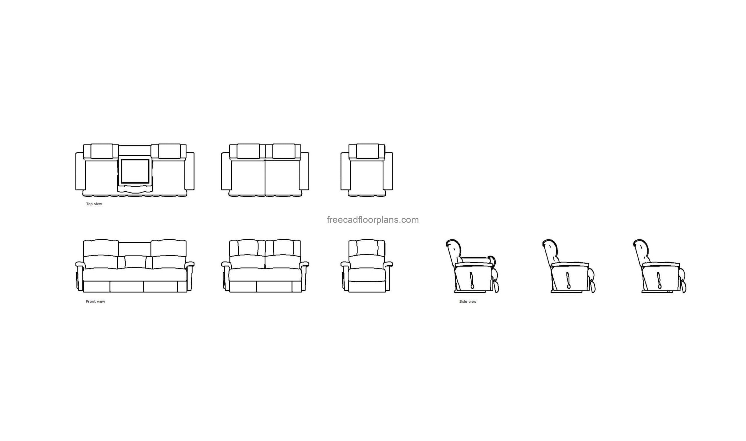 autocad drawing of various lazy boy recliners, plan and elevation 2d views, dwg file free for download